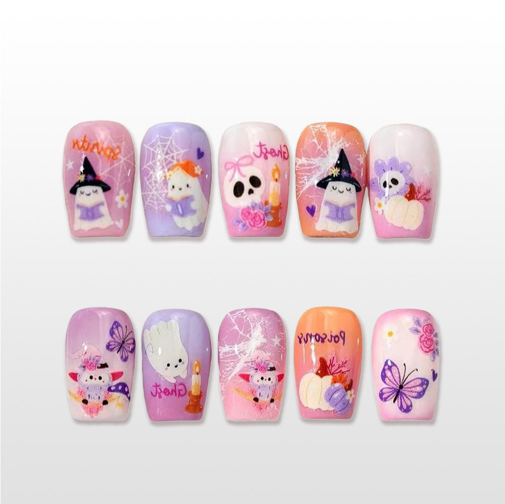 Pastel Halloween press on nails with cute ghost and pumpkin design