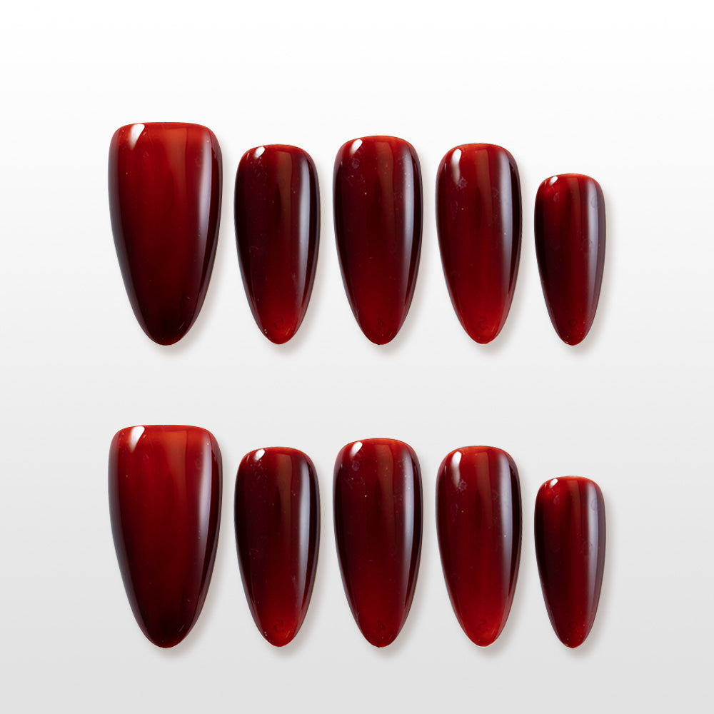 Charmeenail wine red press on nails, glossy jelly style almond shape