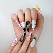 Long stiletto black and white gradient press-on nails with 3D flowers and rhinestones