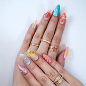  Summer beach press-on nails with coral flowers, blue waves and tropical gradient