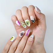 Summer fruit nails with playful kiwi slices, dragon fruit pink ombré and black dot accents