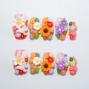 3D floral press-on nails with colorful daisies and sunflower design