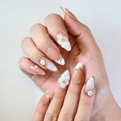 Classy French manicure style press-on nails with hand-sculpted flowers and pearls