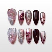 Metallic wine red press-on nails with 3D pink flower and silver pearl accents