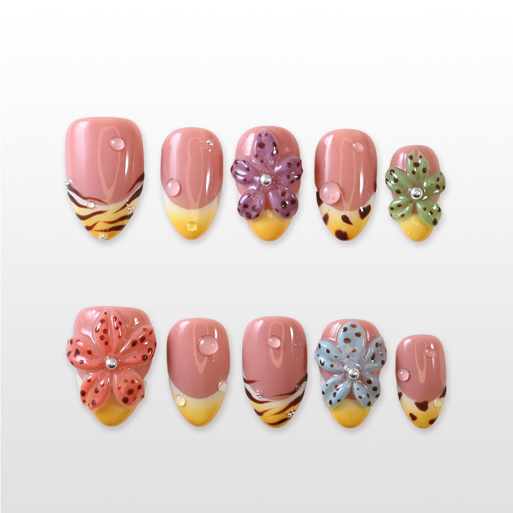 Medium almond-shaped nails with animal print and floral accents