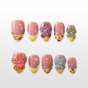 Medium almond-shaped nails with animal print and floral accents