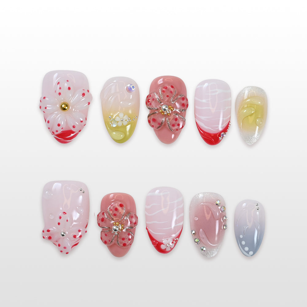 Sweet floral press-on nails with 3D flowers and spring-inspired look