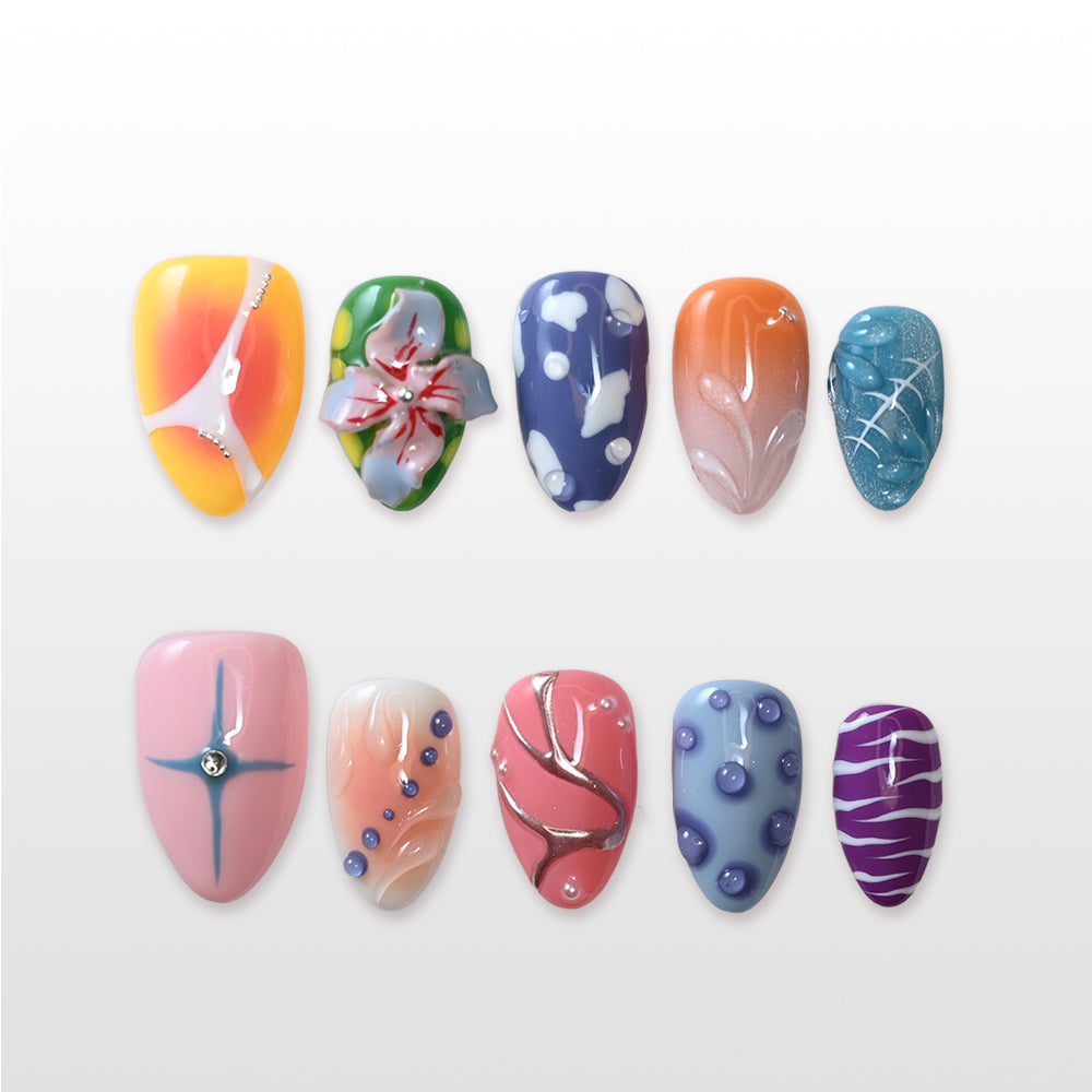 Summer vacation press-on nails featuring vibrant tropical colors