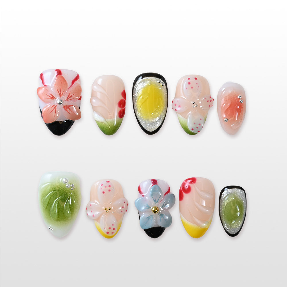Short almond handmade nails inspired by tropical garden colors