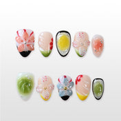 Short almond handmade nails inspired by tropical garden colors