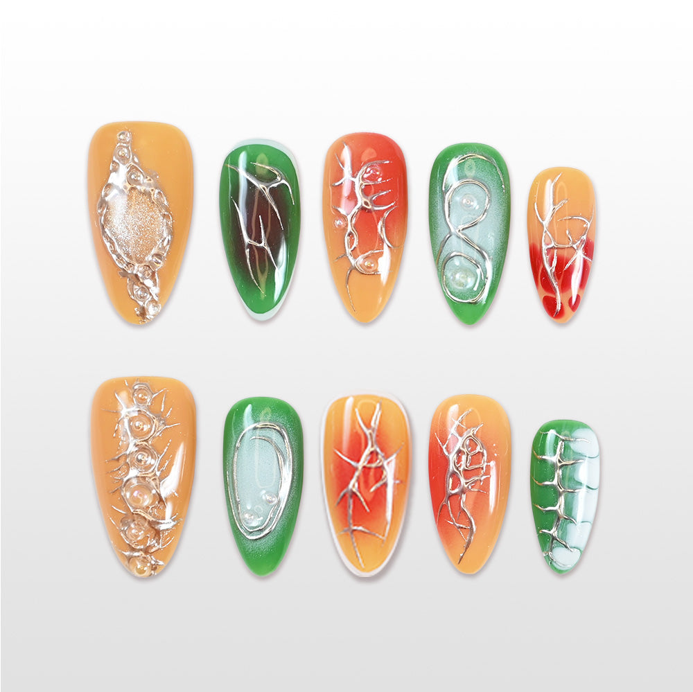  Charmeenail futuristic abstract nail set featuring 3D metallic textures and fluid designs