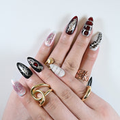  Handmade press on nails in gothic style with sculptural glass effects and abstract metallic art