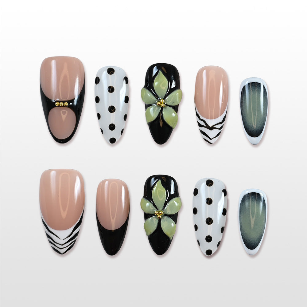  Charmeenail retro press on nails with polka dots, zebra print, and green 3D flowers