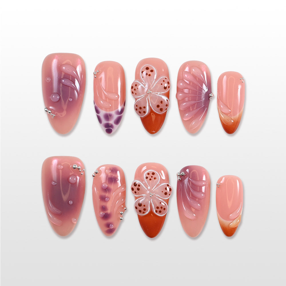  Charmeenail gradient pink press on nails with 3D flower art and bubble textures