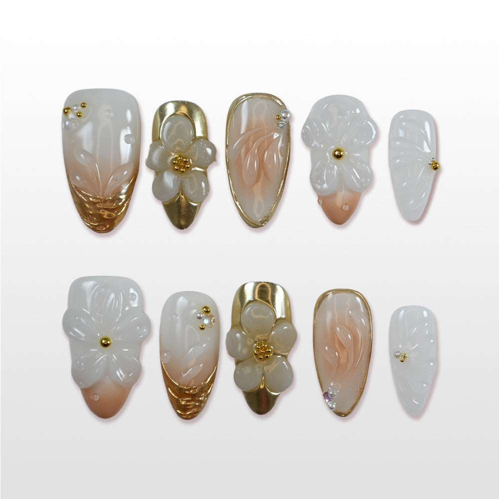 Charmeenail bridal press on nails with white 3D flowers and gold metallic accents
