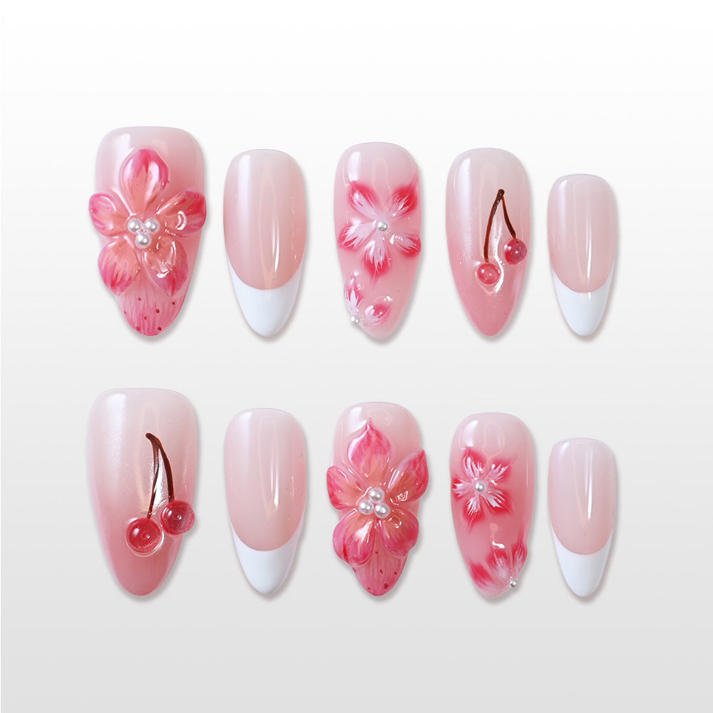 Charmeenail spring-inspired press on nails with cherry art and sculpted floral designs