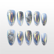 Charmeenail galaxy-inspired press on nail set featuring cosmic chrome texture and metallic bubble accents