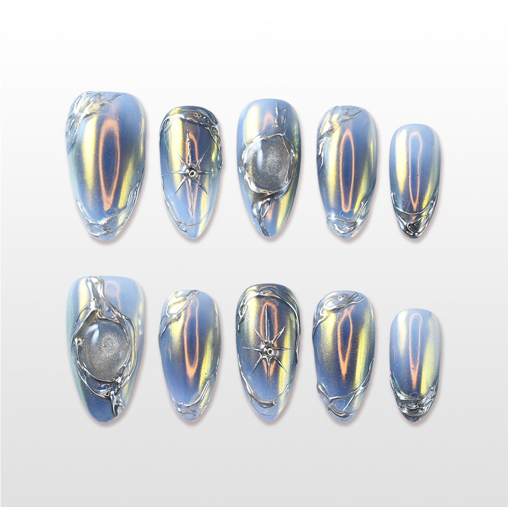 Charmeenail galaxy-inspired press on nail set featuring cosmic chrome texture and metallic bubble accents