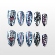 Iridescent galaxy-inspired nails with liquid chrome finish and deep purple shimmer