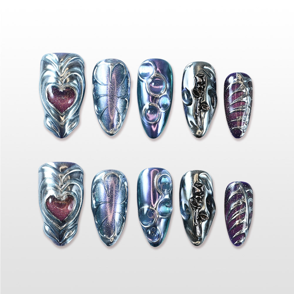 Iridescent galaxy-inspired nails with liquid chrome finish and deep purple shimmer