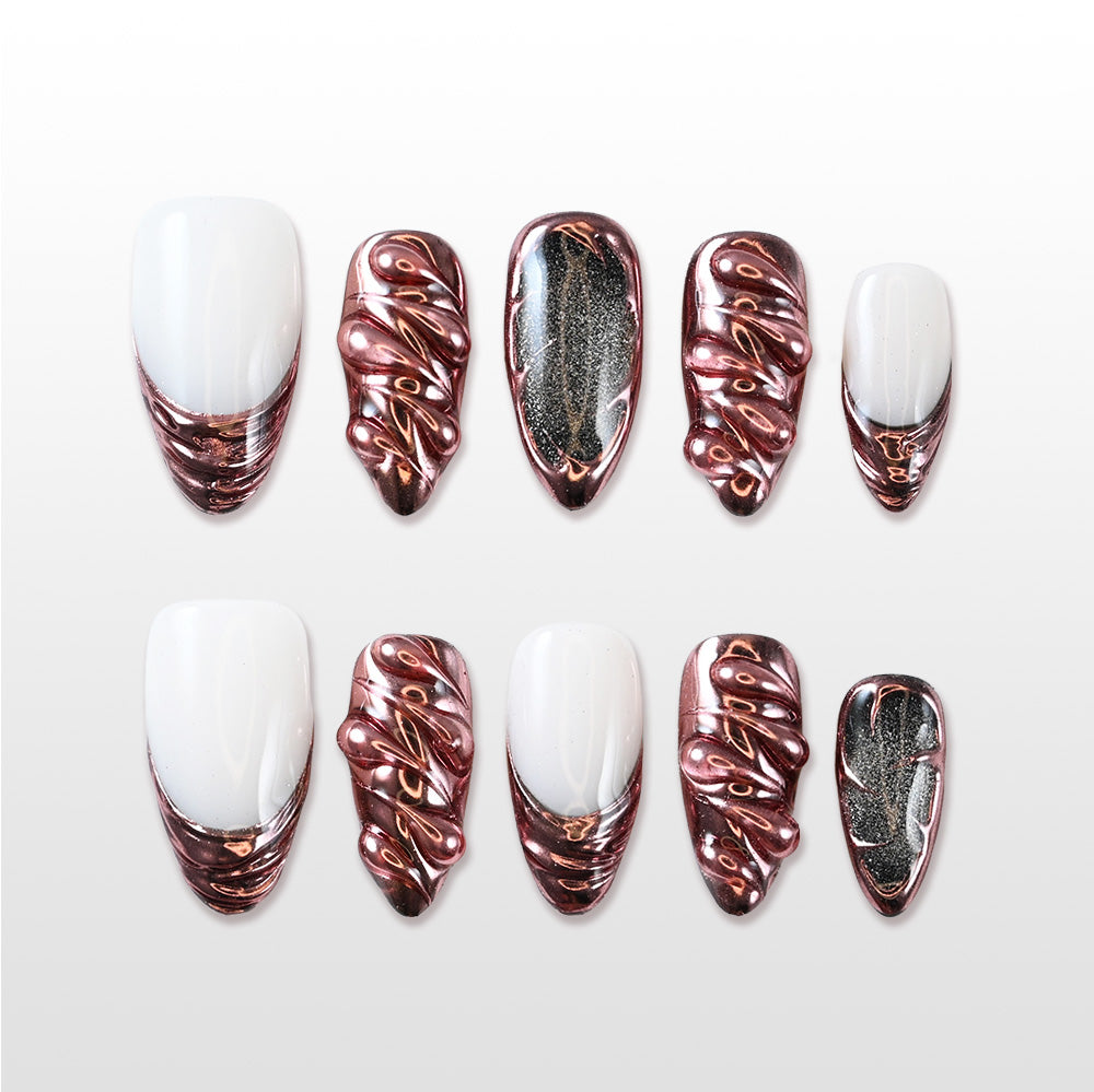 “Handcrafted rose gold swirl nails with almond shape and futuristic shine”