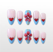Pink and blue press-on nails with 3D red heart and flower design