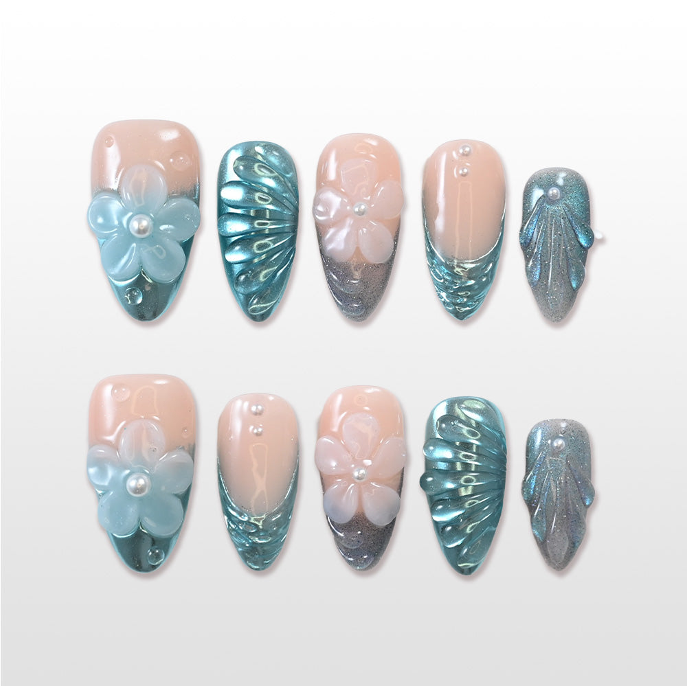 Mermaid seashell press-on nails with 3D flowers and pearls