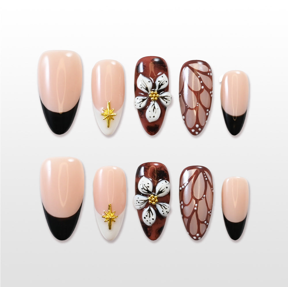 Black French press-on nails with 3D white flower and butterfly wing design