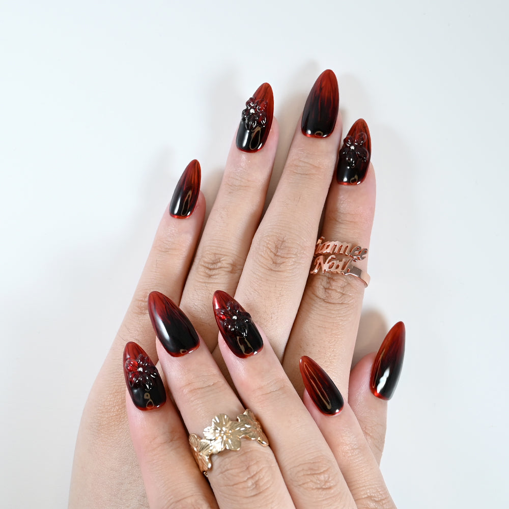 Dark romantic nails with scarlet ombre and 3D flower carving