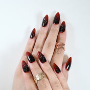 Dark romantic nails with scarlet ombre and 3D flower carving