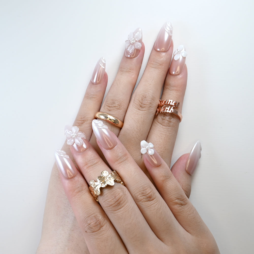 Reusable wedding press-on nails with pearl glow and 3D flower art