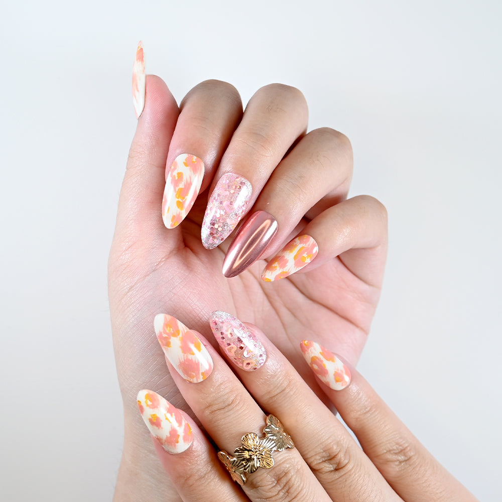 Reusable press-on nails with blush petals and shiny mirror finish