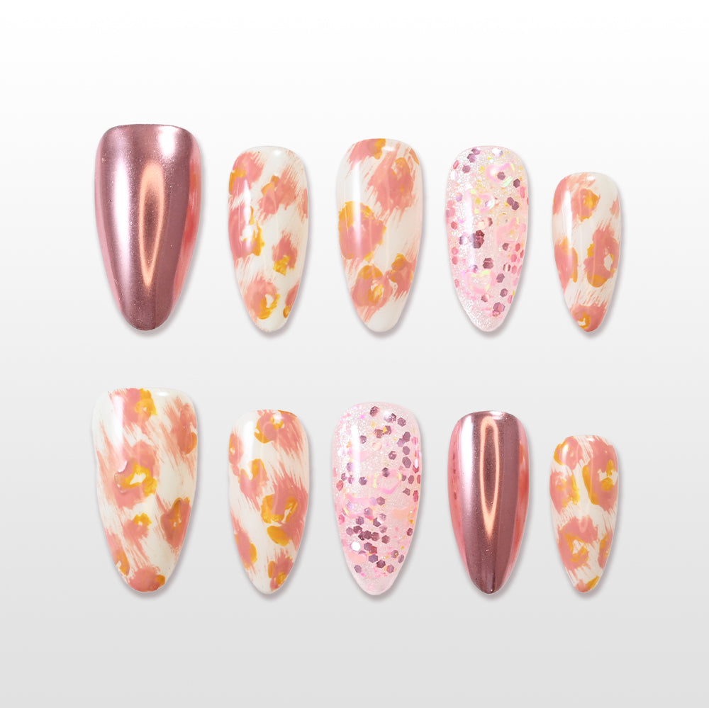 Pink floral press-on nails with rose gold chrome accents