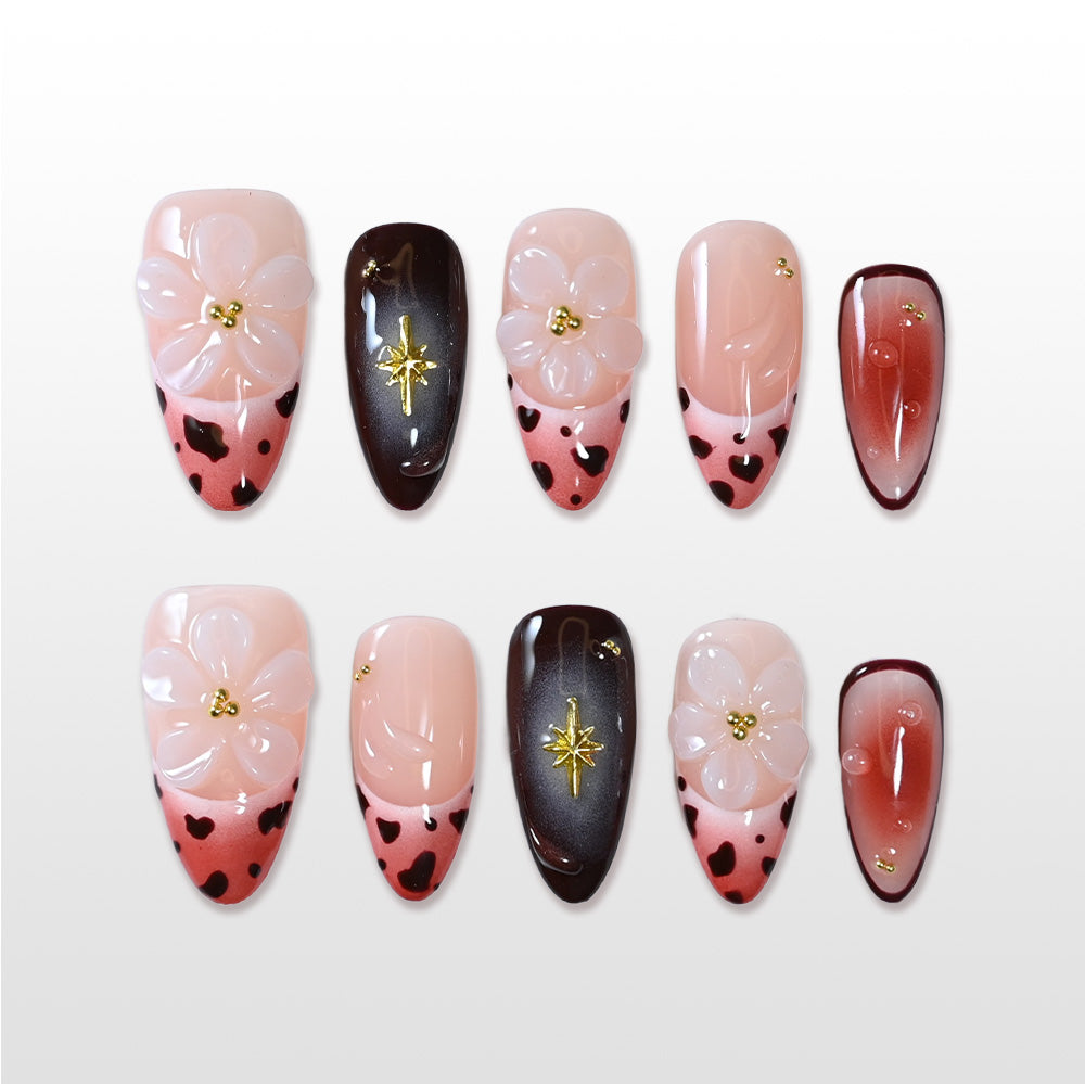 Handmade pink and brown press on nails with 3D flower and leopard print design