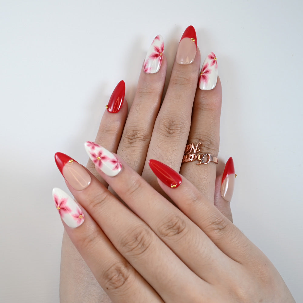 Charmeenail luxury acrylic nails in nude base with red floral hand-painted design