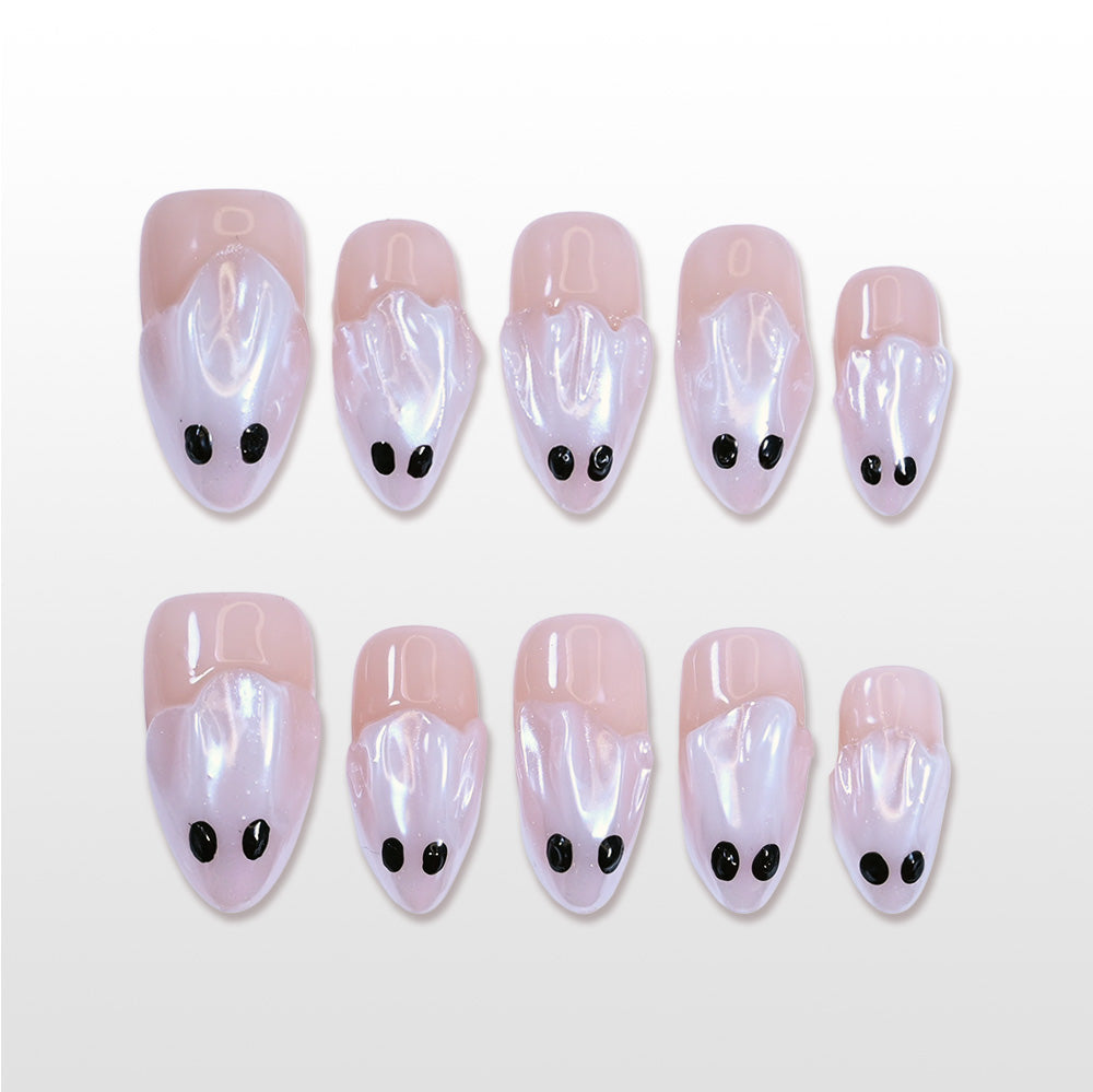 Handmade pearl white press on nails with cute ghost face Halloween design