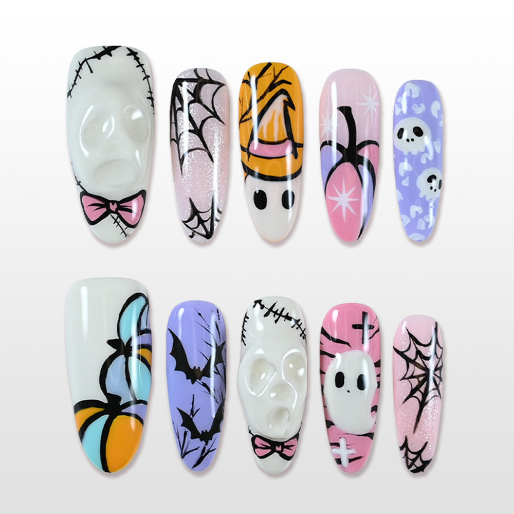 Handmade colorful Halloween press on nails with ghost, pumpkin, bat and spider web design