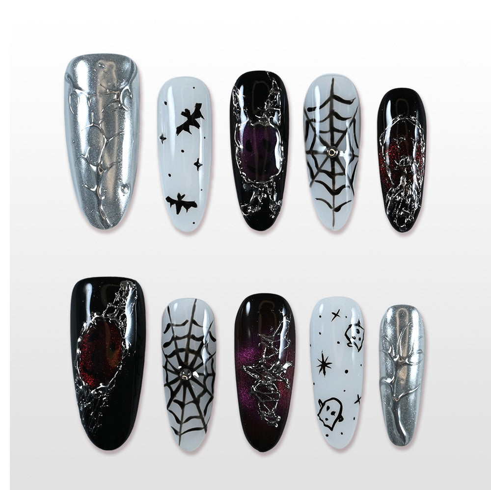 Handmade black, white and silver press on nails with spider web and bat Halloween design