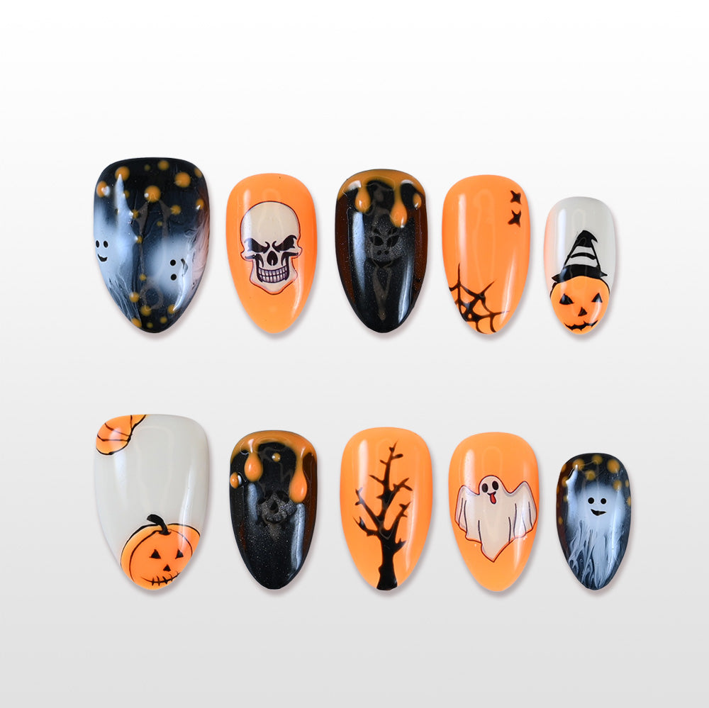 Handmade orange black press on nails with pumpkin, ghost and skull design