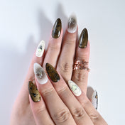 Salon quality black and white press on nails with creepy ghost and Halloween lettering