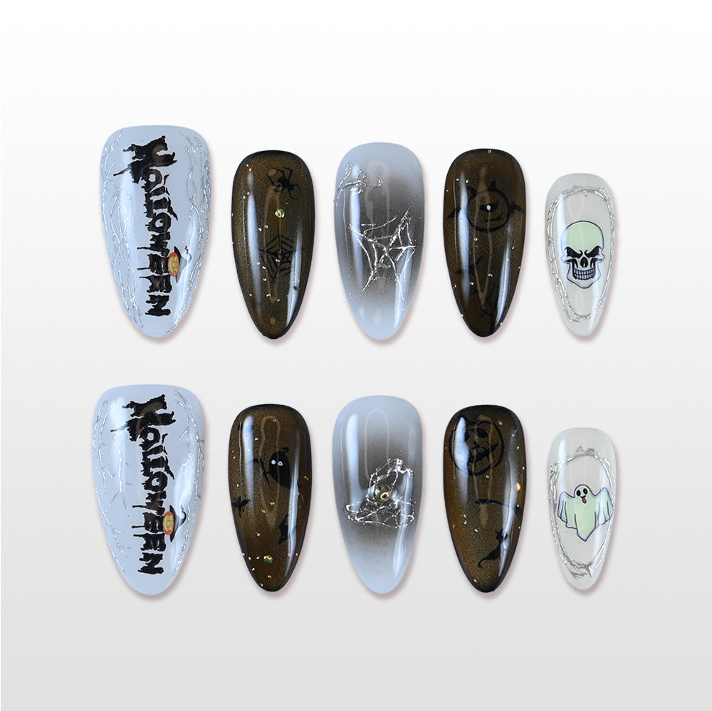 Handmade black white Halloween press on nails with skull, ghost and spider web design