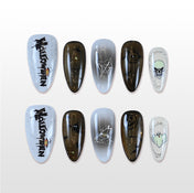 Handmade black white Halloween press on nails with skull, ghost and spider web design