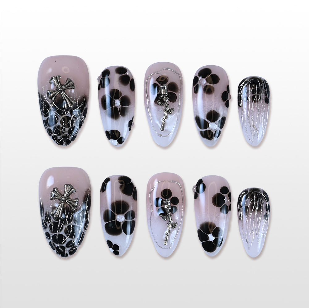 Handmade black white press on nails with flower and cross charm design