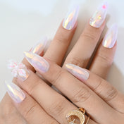 Holographic almond press-on nails with delicate 3D floral art and colorful gem details