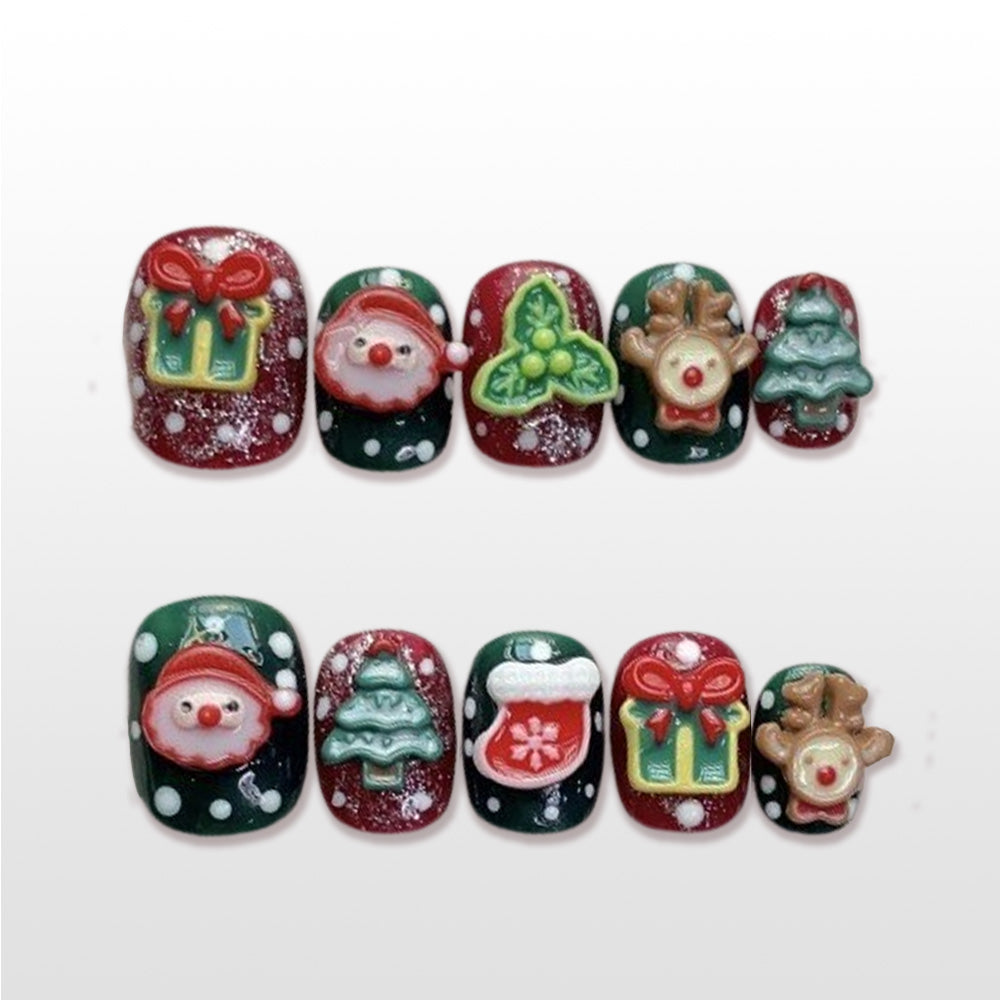 Christmas press on nails with 3D Santa, reindeer, gift boxes, and Christmas trees
