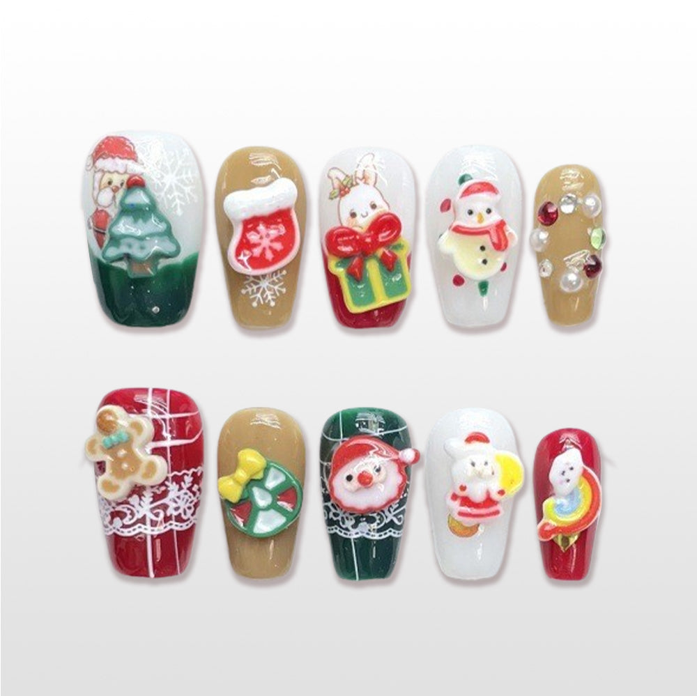 Charmeenail Christmas nails with 3D gingerbread man, Santa, and snowman
