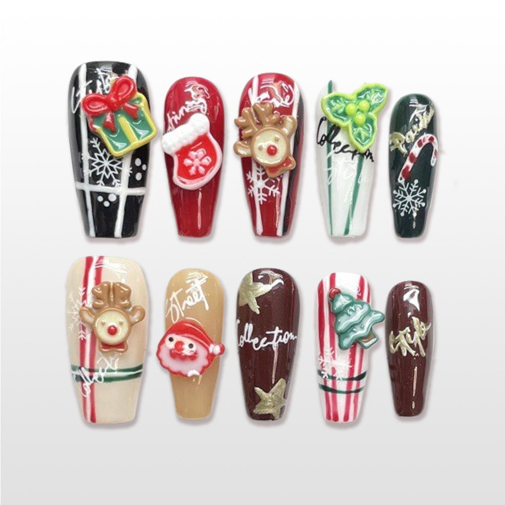 Christmas press on nails with Santa, reindeer, tree, candy cane and snowflakes