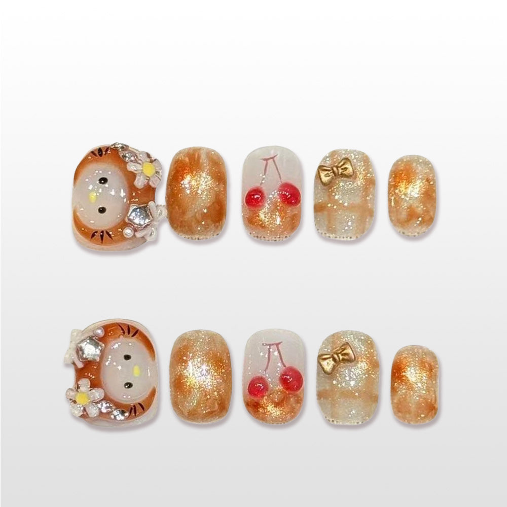 Charmeenail cute press on nails with tiger face and cherry design