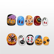 Halloween press on nails with mummy, pumpkin, and bloody ghost designs