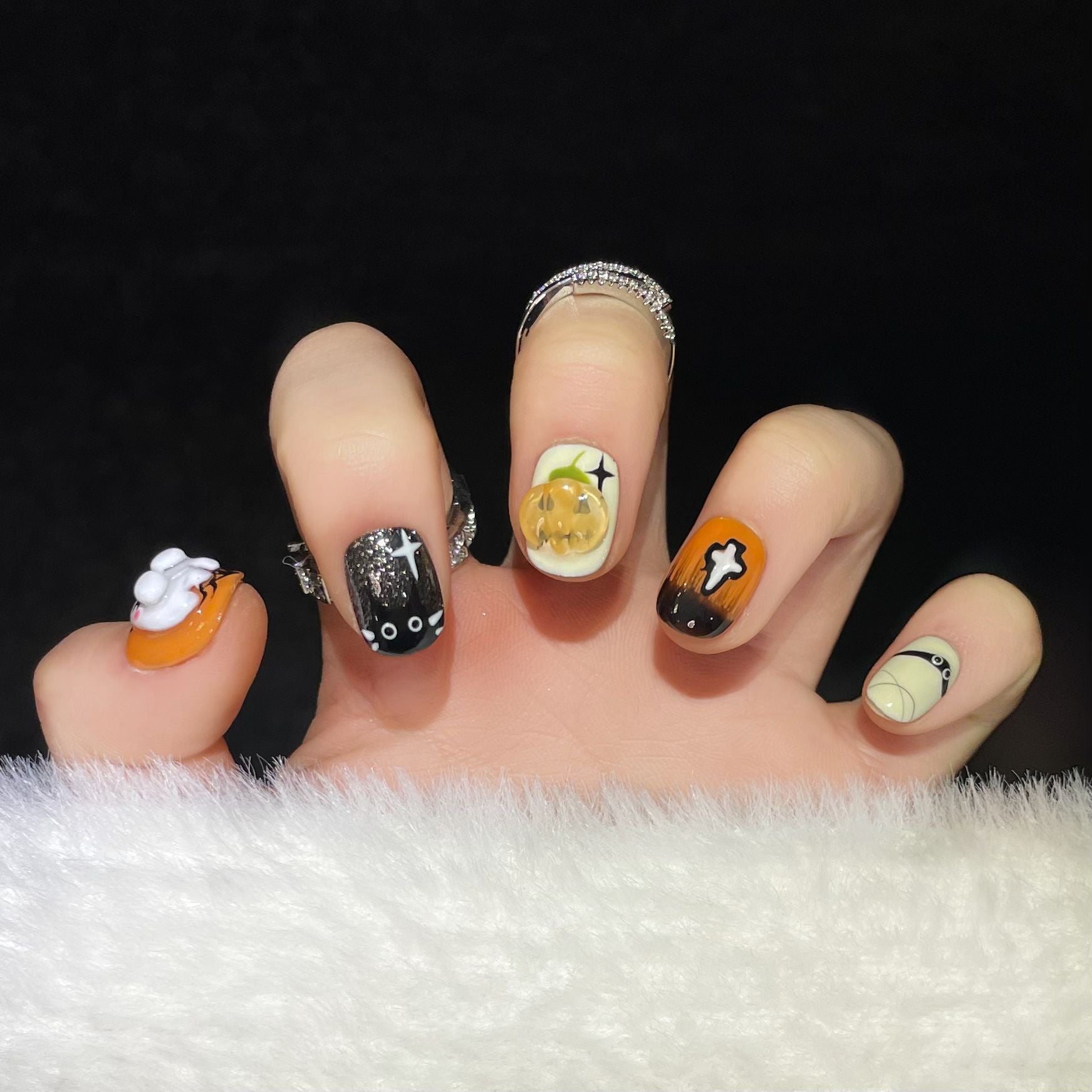 Cute 3D Halloween press on nails with pumpkin and ghost art